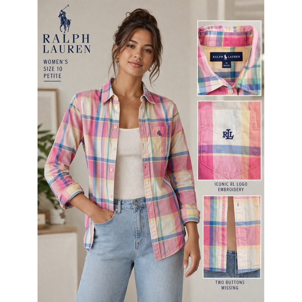 Lauren Ralph Lauren Petite Plaid Button Down Shirt Pink Yellow Blue Size 10P